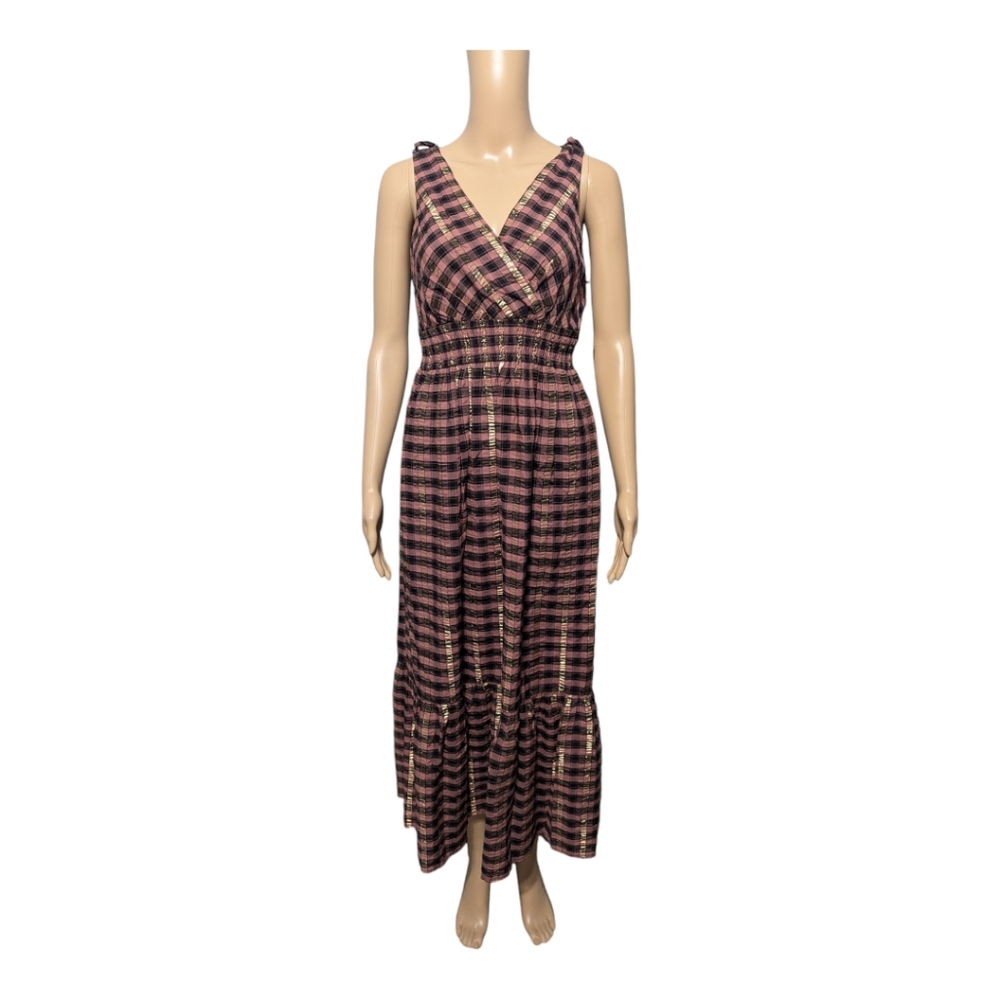 Vince Camuto Metallic Pucker Plaid Maxi Dress XS
